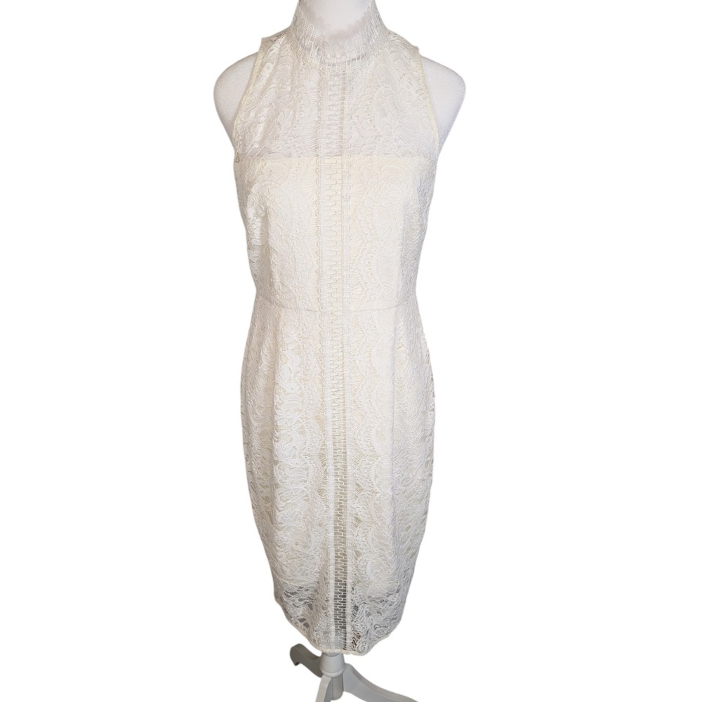 Eliza J Ivory Lace Mock Neck Sleeveless Sheath Dress Midi Cream 4 NEW